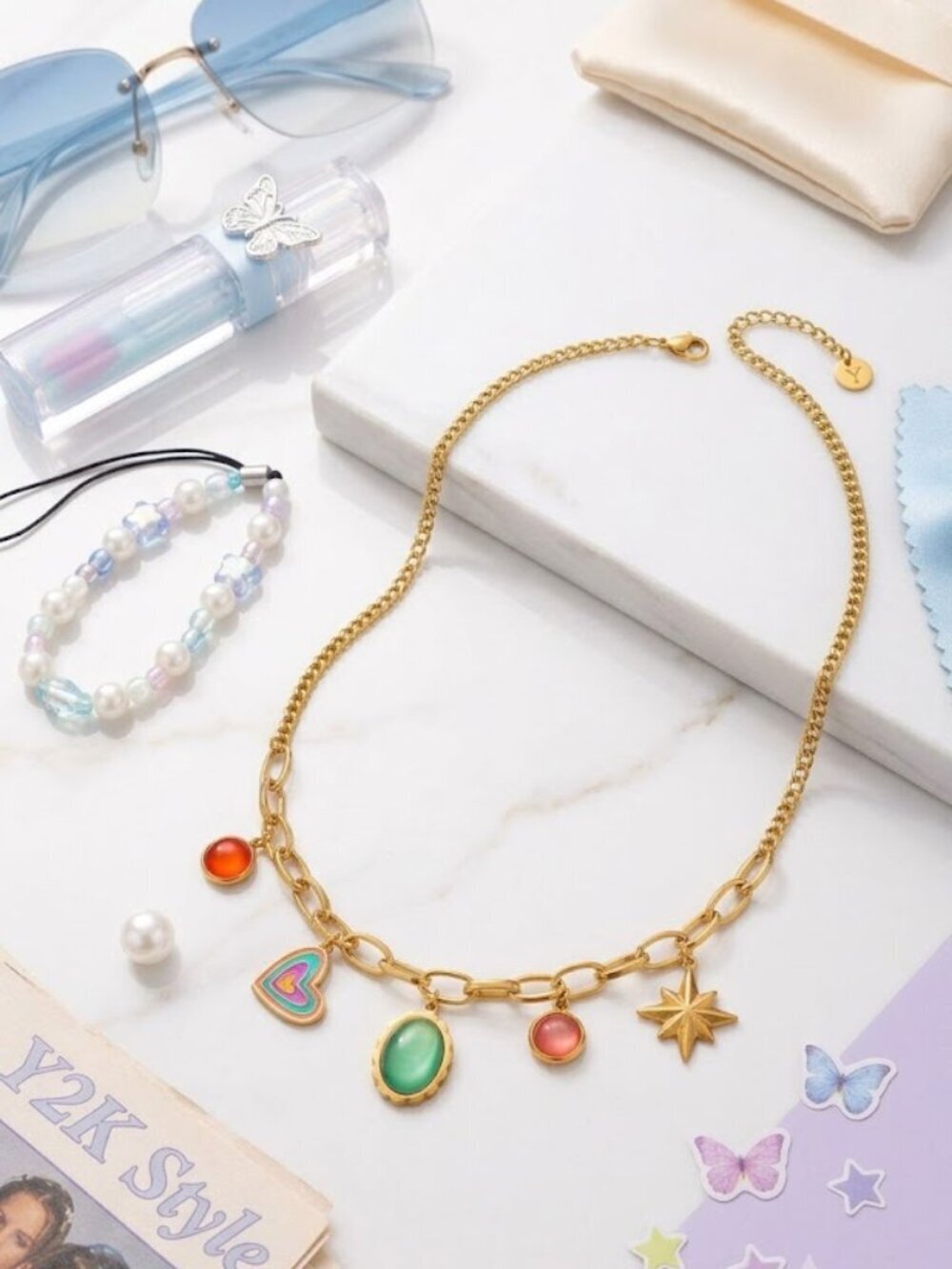 18K Gold Plated Colorful Crystal Charm Necklace Boho Star Heart Pendant 18"